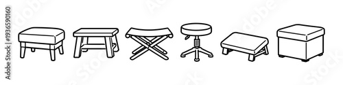 Collection of diverse stools and ottomans in a simple line art style