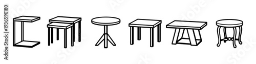 Collection of diverse small tables and side tables in a simple line art style