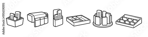 Collection of line art icons depicting various remote control organizers and holders