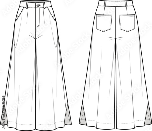 Women High Waisted Wide Leg Trousers Fashion Technical Flat Sketch CAD Drawing Vector Illustration With Side Slit Hem And Pockets