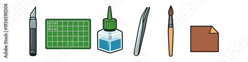 Hobby crafting tools including a craft knife, cutting mat, glue, tweezers, and brush