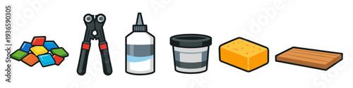 Mosaic crafting supplies including tiles, nippers, glue, grout, sponge, and wood base