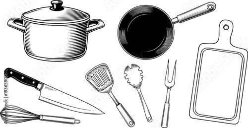 Professional Kitchen Utensils Outline Set - Cooking Tools, Whisk, Spatula and Culinary Equipment Vector