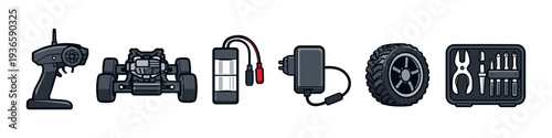Remote control car accessories including controller, chassis, battery, charger, wheel, and tools