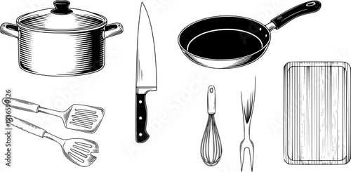 Professional Kitchen Utensils Outline Set - Cooking Tools, Whisk, Spatula and Culinary Equipment Vector