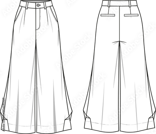 Women High Waisted Wide Leg Trousers Fashion Technical Flat Sketch CAD Drawing Vector Illustration With Welt Pockets And Hem Details