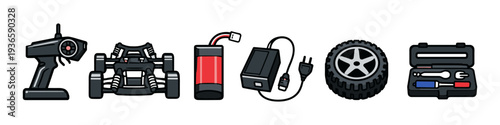 Remote control car accessories including a controller, chassis, battery, charger, wheel, and tools