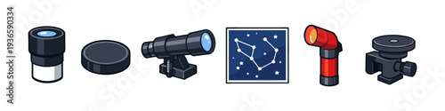Collection of astronomical equipment and celestial map icons for stargazing and exploration
