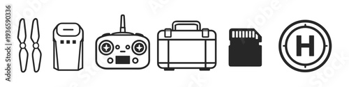 Drone accessories and equipment icons including propellers, battery, controller, case, SD card, and helipad