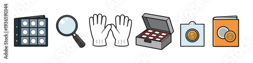 Coin collecting supplies including album, magnifier, gloves, and storage box