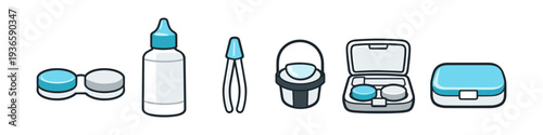 Collection of contact lens care accessories including cases, solution, and tweezers
