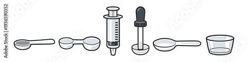 Collection of medical measuring tools including spoons, syringe, dropper, and cup