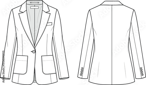 Technical CAD Drawing Flat Vector Illustration of Women Classic Tailored Blazer Jacket with Pockets Front and Back View Fashion Template