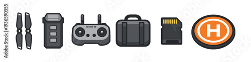 Drone accessories collection: propellers, battery, remote, case, SD card, and helipad icon