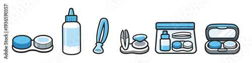 Collection of contact lens care accessories including cases, solution, and tools