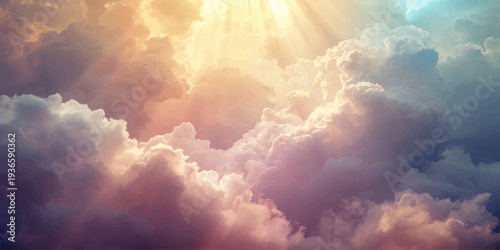 Bright white fluffy cumulus clouds drift across a summer blue sky as the sun shines through the atmosphere in a clear nature cloudscape