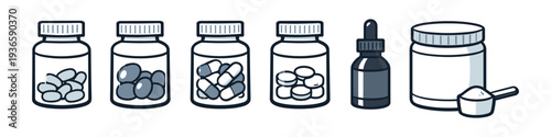 Collection of various supplement containers including pills, capsules, and powder