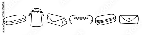 Collection of diverse eyeglass and sunglass cases in a simple line art style