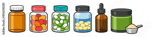 Collection of various medicine bottles and supplements, including pills, capsules, and powder