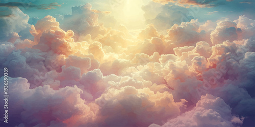 A dramatic blue cloudscape captures the beautiful atmosphere of bright sunlight breaking through white clouds and a stormy summer sky at sunset