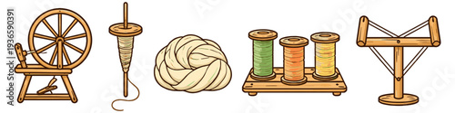 Collection of traditional textile crafting tools and materials for spinning yarn