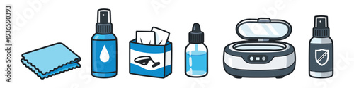 Collection of eyeglass cleaning supplies and accessories for maintaining clear vision