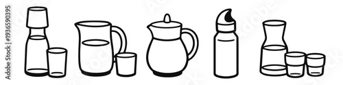 Collection of various drink containers and glasses in a simple line art style