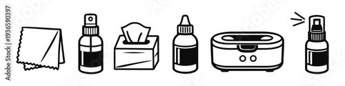 Collection of hygiene and cleaning supplies icons for personal care and maintenance