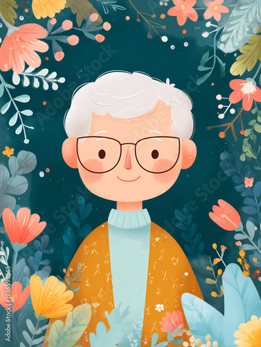 Wallpaper Mural Smiling Elderly Person with Glasses Amidst Vibrant Whimsical Flowers Torontodigital.ca