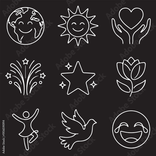 Positive emotions and happiness line art icon set. Smiling earth, sun, peace dove, dancing person, fireworks and heart symbols in white outline.
