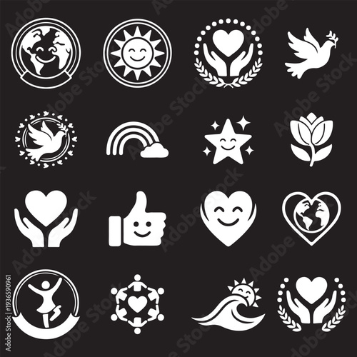 Collection of white positivity and nature silhouette icons. Peace dove, smiling earth, charity hearts, and community symbols on black background.