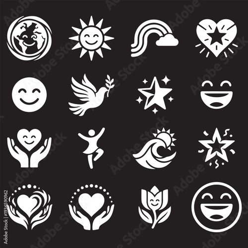 Set of white solid icons for positivity and nature. Smiling earth, peace dove, happy faces, charity hands, and environmental symbols on black