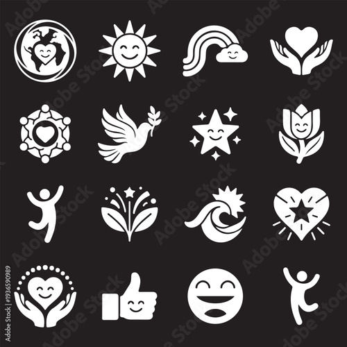 Set of white solid icons representing positivity, peace, and nature. Smiling earth, dove, happy people, charity hearts, and ecology symbols on black background.