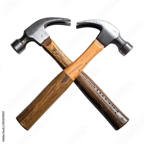 Two crossed hammers, metal heads, wooden handles