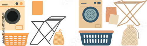 Various laundry supplies are displayed, including a washing machine, clothes dryer, basket, and drying rack, emphasizing household organization and chores.
