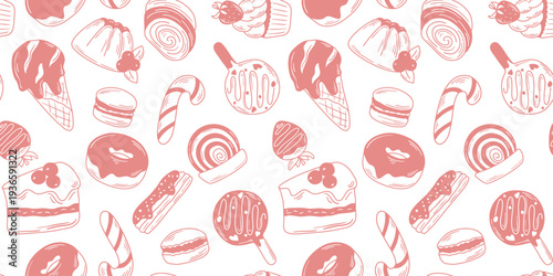 Sweet pastries and candies seamless pattern. White background with silhouettes of hand drawn delicacies. Pastry print for textiles, packaging, and product design. Vector graphics