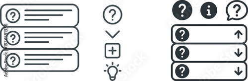 Layout features three sections with question marks, a downward arrow, and an addition icon. This design encourages user engagement and inquiry in a digital context.