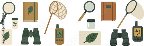 A collection of nature exploration tools is displayed, including a magnifying glass, binoculars, a notebook, a specimen jar, and a net, perfect for outdoor adventures.