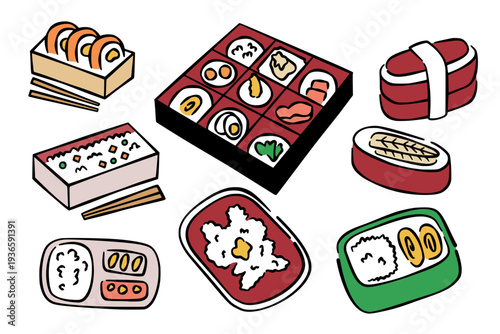 Japanese Bento Box and Sushi Doodle Illustration Set