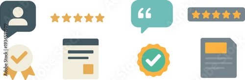 Various icons illustrate customer feedback elements, including user profiles, star ratings, a quality badge, and a feedback form. These combine to highlight customer satisfaction.