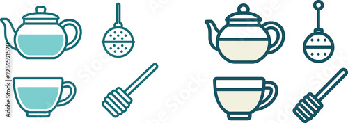 A teapot, tea infuser, cup, and honey dipper are arranged on a clean surface. These items represent essential tools for preparing and enjoying tea during a relaxing afternoon.