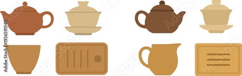 A cozy arrangement of tea pots and cups in different shapes and styles, featuring a brown teapot, cream-colored cup, and a rectangular tray. Perfect for tea lovers seeking a calm vibe.