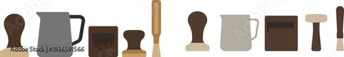 Various coffee preparation tools are displayed in a minimalist style. The arrangement includes a tamper, pouring jug, container, and brush, showcasing essential equipment.