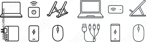 A collection of essential tech accessories arranged neatly, featuring a laptop, wireless charger, laptop stand, power bank, smartphone, and computer mouse, ideal for an organized workspace.