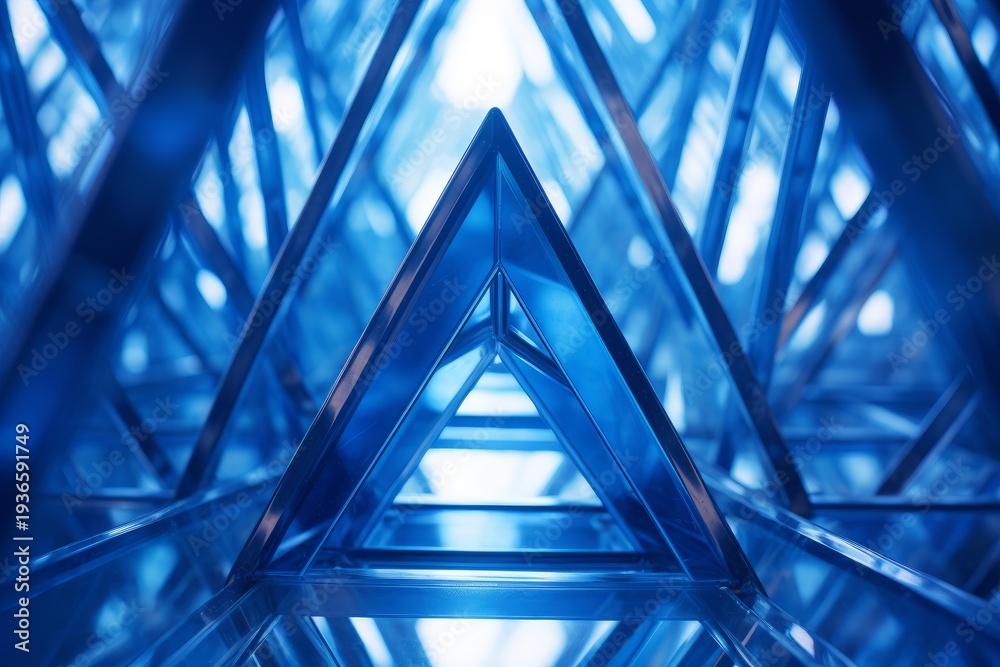Fototapeta premium Blue geometric glass structure creating a repeating abstract pattern with light and shadow