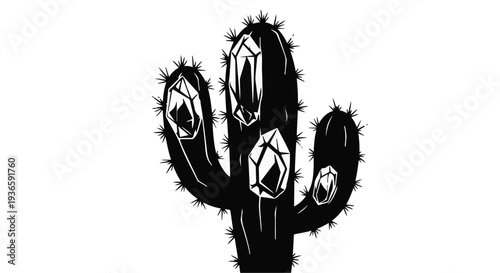 Mystical black cactus adorned with sparkling crystals under a stark white background.