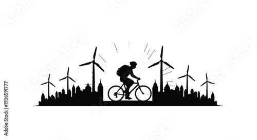 Silhouette of cyclist with backpack riding towards a city skyline with wind turbines at sunrise, symbolizing eco-friendly travel and renewable energy.