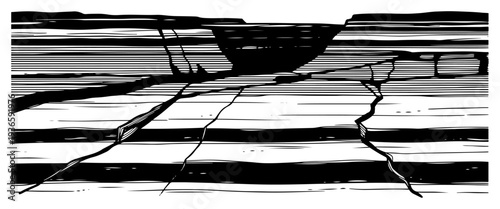 Minimalist landscape illustration of a deep desert canyon with horizontal rock layers