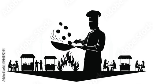 Skilled chef expertly tossing food in a wok over flames at a vibrant outdoor food market.