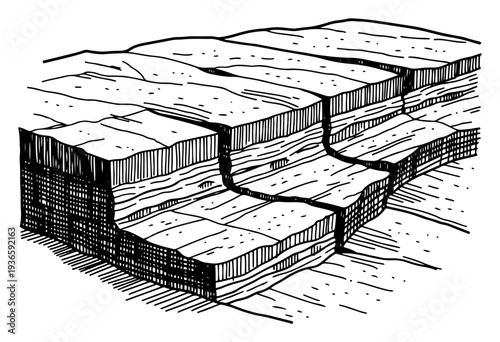 Detailed architectural cross section sketch of ground layers and geological rock formations